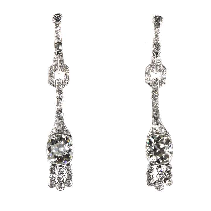 Pair of early Art Deco cushion cut diamond pendant earrings